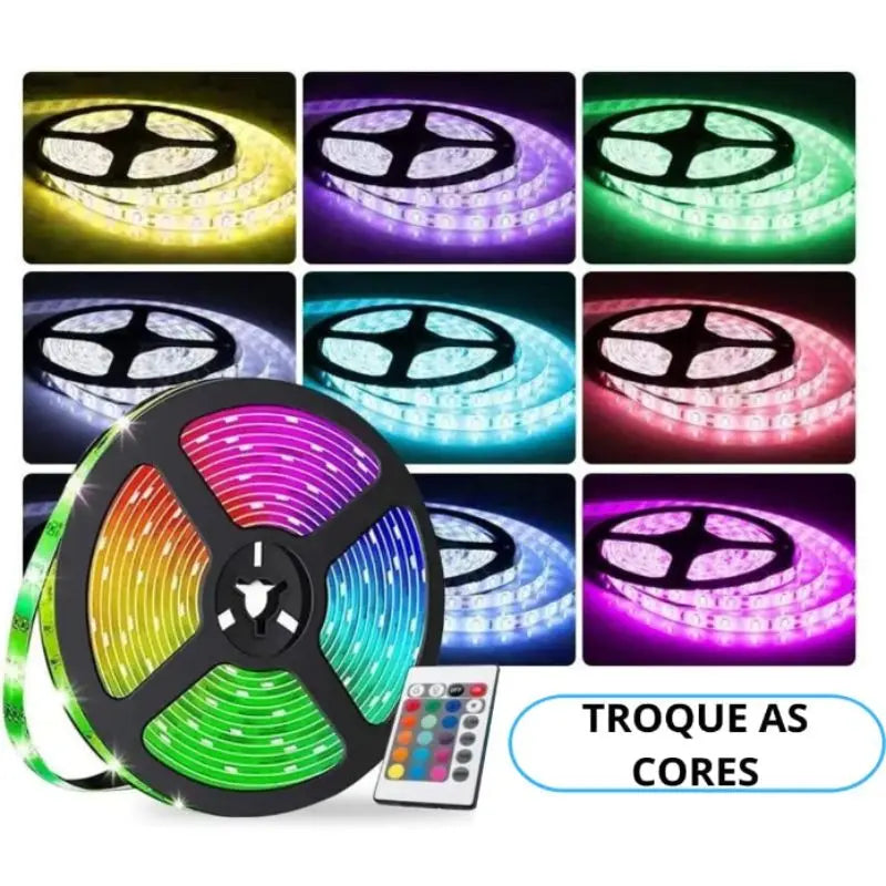 Fita LED Colorida RGB à Prova D'água + Fonte + Controle